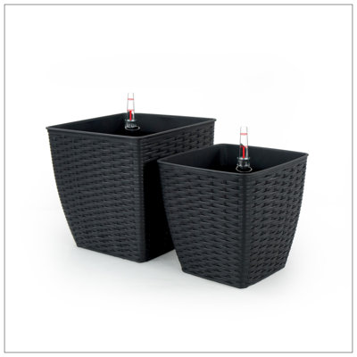 2-Pack Self-Watering Planter - Hand Woven Wicker - Thin Square - Espresso
