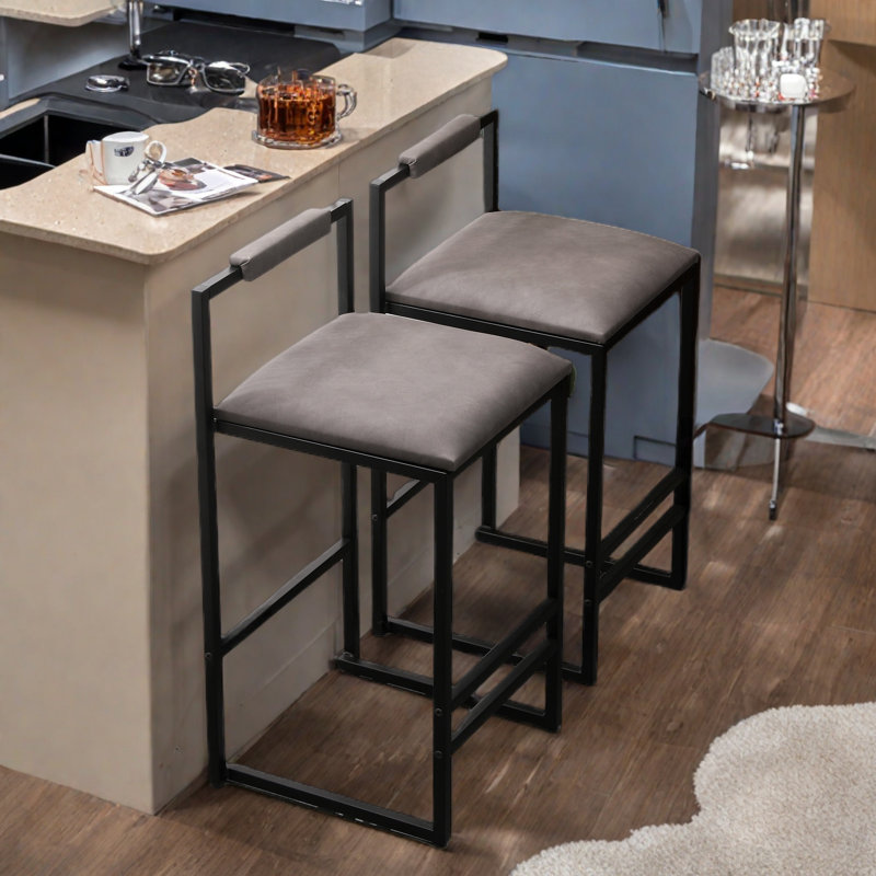 Ensemble de 2 tabourets de bar rembourrés avec dossier et repose-pieds, cuir synthétique et structure en métal, Gris