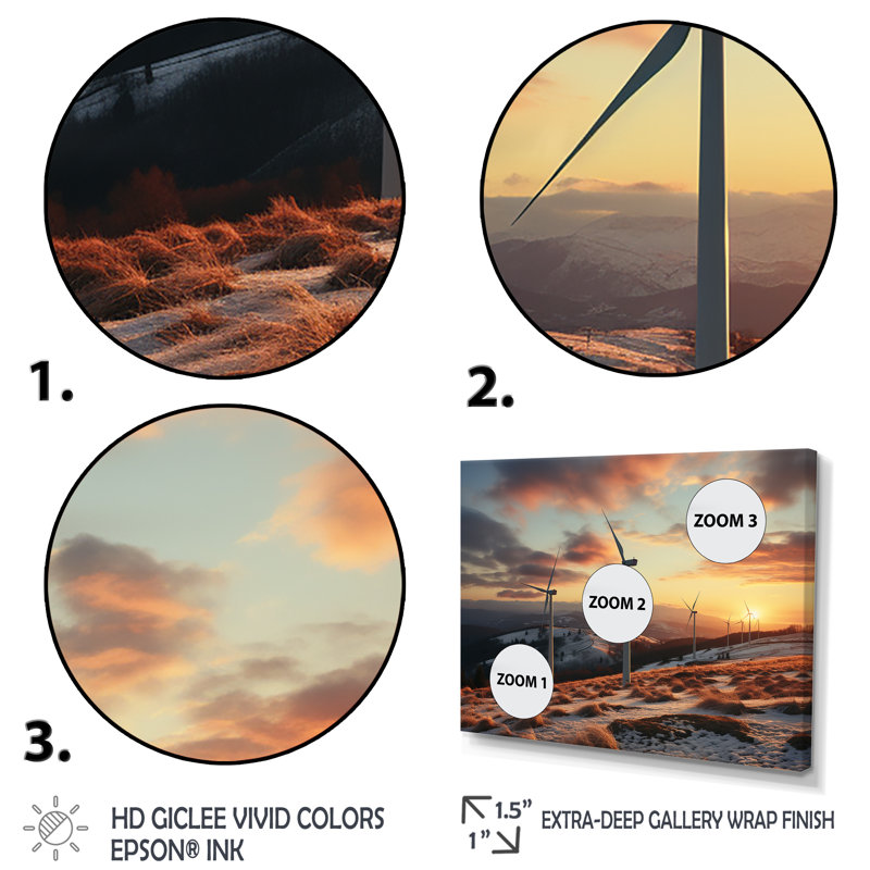 «Sunset Wind Turbines Mountain View II - Wind Turbines», art mural, H 12 po x l 20 po x P 1 po, Cadre flottant doré