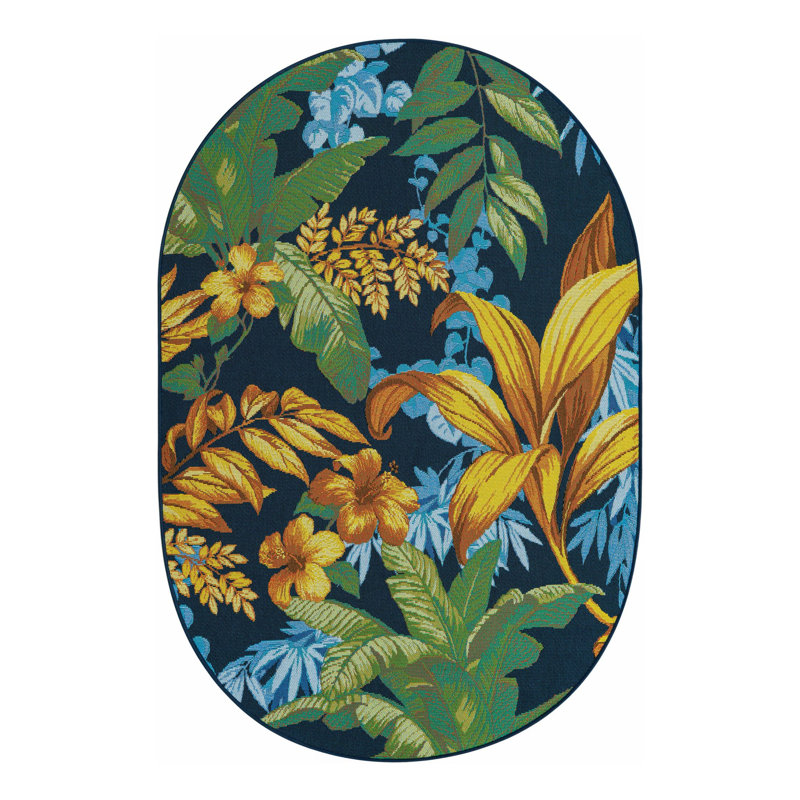 Tapis intérieur / extérieur à motif floral bleu / jaune Brett, Ovale 4 pi 1 po x 6 pi 1 po