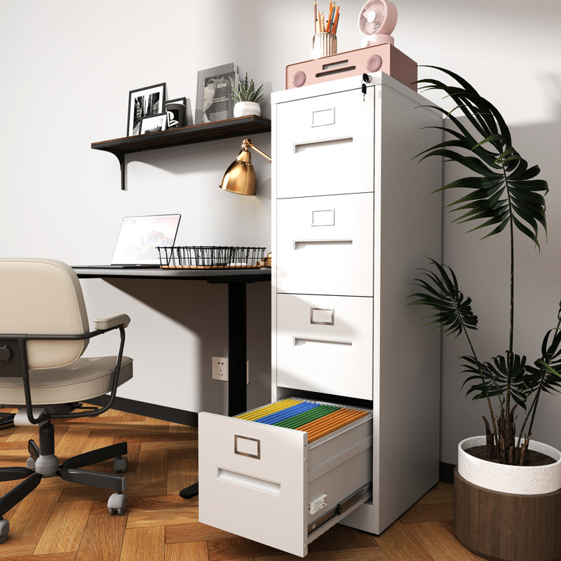 4 Drawer Office File Cabinet With Lock, A4/Legal/Letter Size, Adjustable Hanging Rods, Formaldehyde-, Easy Setup, White