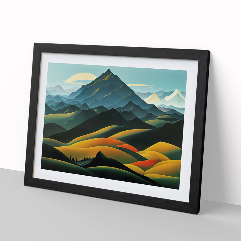 XH1022-7264X Quirky Mountain Landscape - Single Picture Frame Print, Black Framed, 46cm H x 64cm W x 2cm D