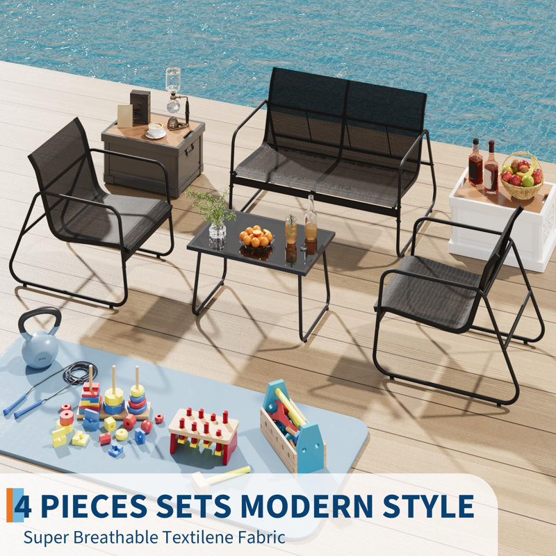 Ensemble de conversation en polyester enduit de PVC avec 2 chaises simples, 1 causeuse et table basse, ensemble de meubles en polyester enduit de PVC avec causeuse et table basse en verre 4 pièces