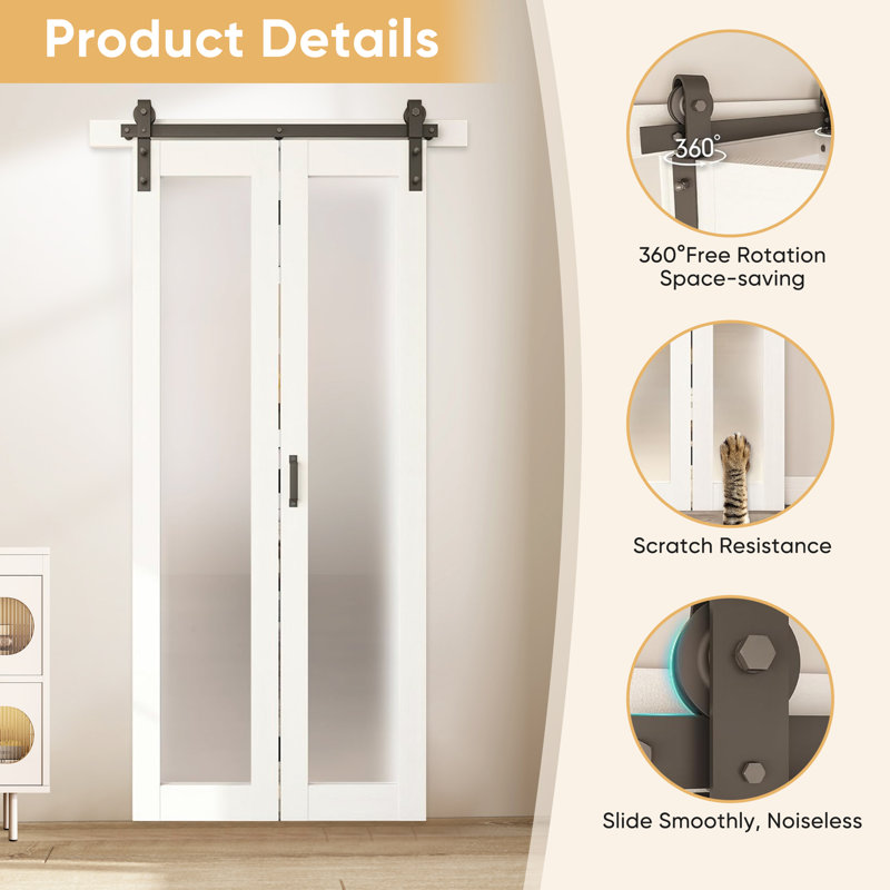 Portes de grange pliantes en verre givré blanc 1-Lite avec trousse de quincaillerie d'installation, 40 po x 84 po
