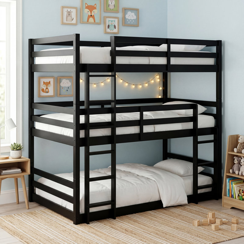 Lit superposé triple en bois d'hévéa massif, cadre de lit superposé en bois à 3 niveaux avec garde-corps et échelle, lit superposé robuste pour enfants, adolescents et adultes, aucun sommier nécessaire
