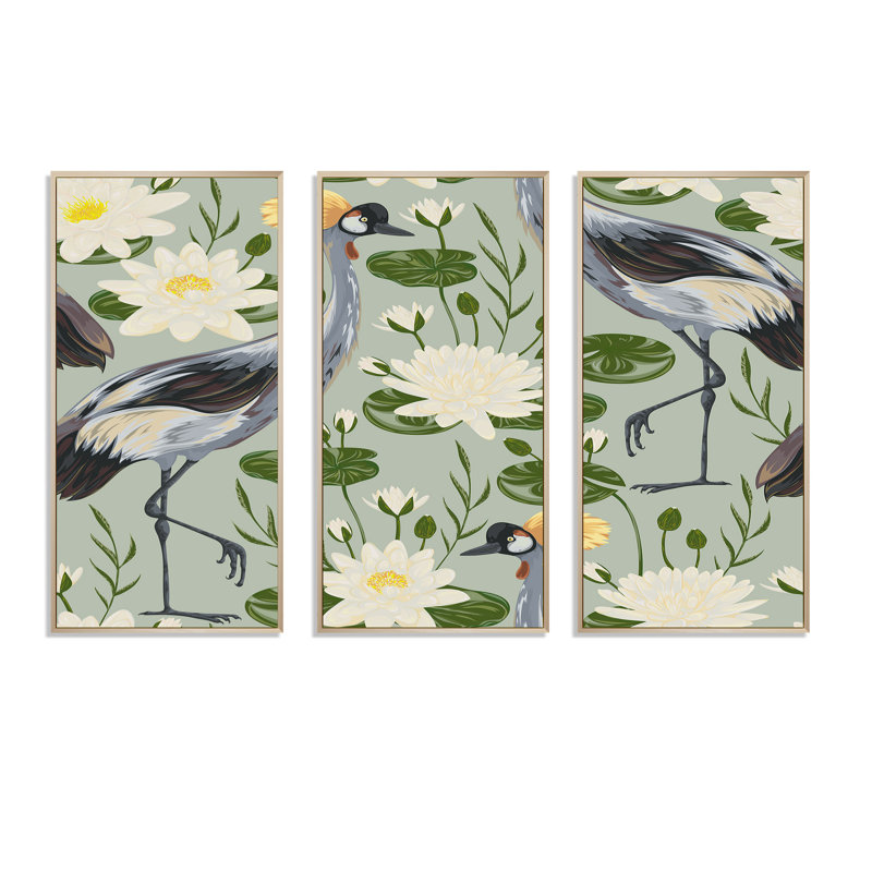 Oiseau grue et nénuphars sur fond gris - ensemble de 3 toiles encadrées, L 48 po x H 32 po, Brun