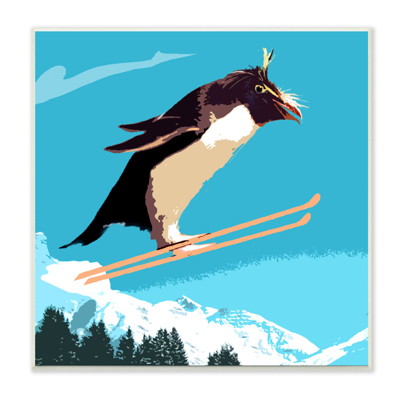 Pingouin qui skie au-dessus d'arbres, sports d'hiver, art mural sur bois par Noah Bay
