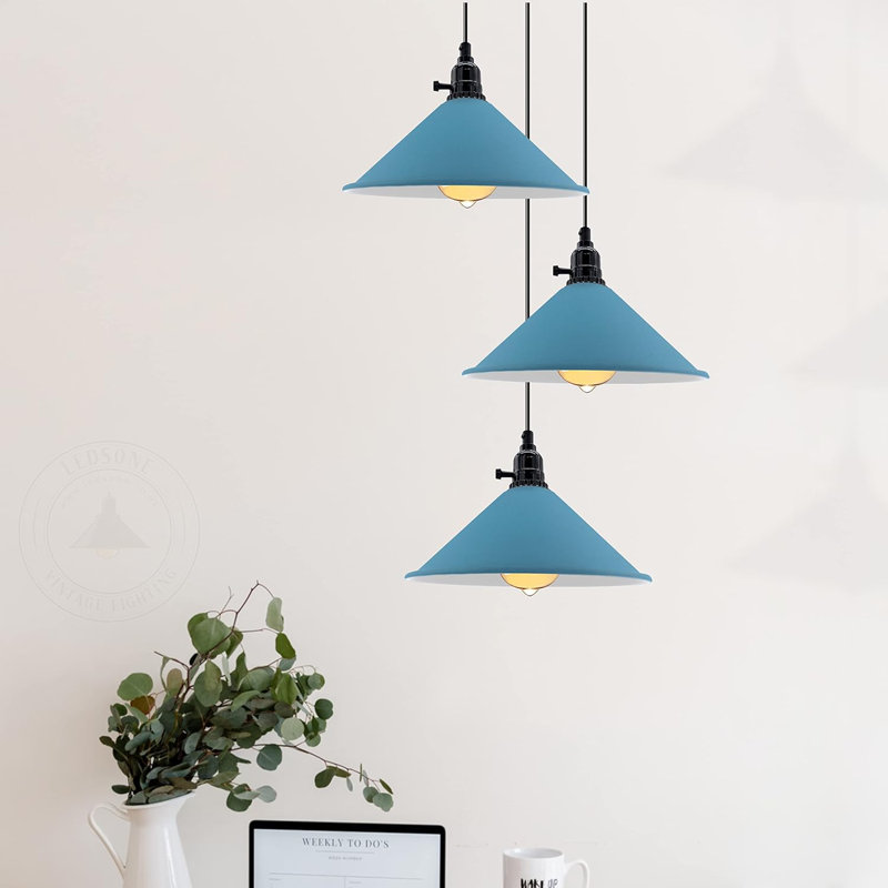 3-Light Cone Pendant Light – Industrial Kitchen Island Ceiling Fixture with Adjustable Height & E27 Bulbs, Blue, No
