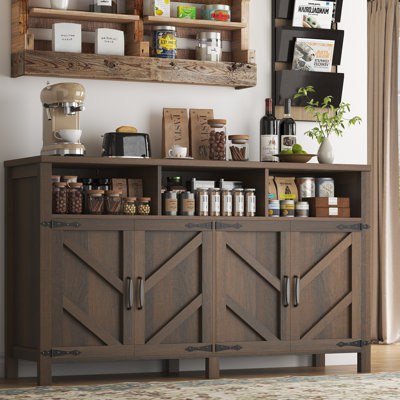 55" Large Buffet Sideboard with 4 Doors, Farmhouse Kitchen Storage Cabinet with Adjustable Shelves, Wooden Cabinet Sideboard and Coffee Bar Cabinet Ta by knoworld