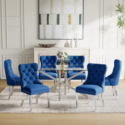 7-Piece Modern Dining Set – Rectangular Glass Table With Mirrored Metal Base & 6 Velvet Upholstered Chairs