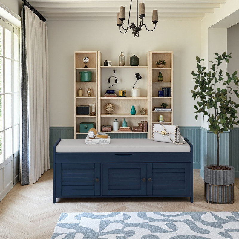 Upholstered Storage Bench with 2 Cabinets, Antique Navy