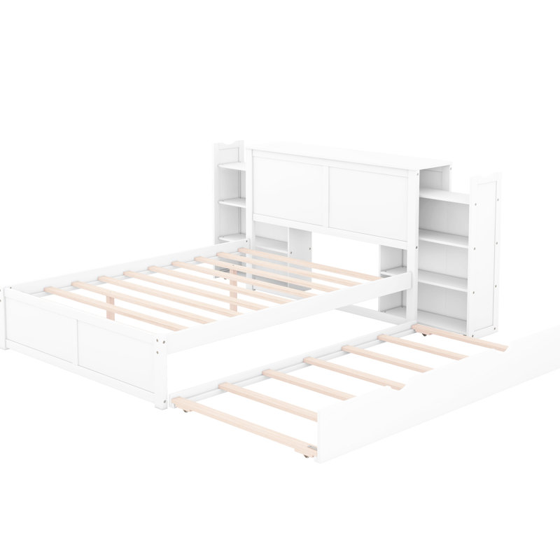 Lit double blanc avec tablettes coulissantes et lit gigogne simple - Fabriqué en bois massif pour un lit gigogne harmonieux