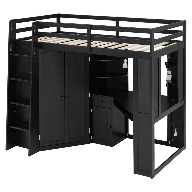 Sayer Wood Loft Bed with Wardrobe, Desk, Charging Station & Adjustable Spotlights, Black