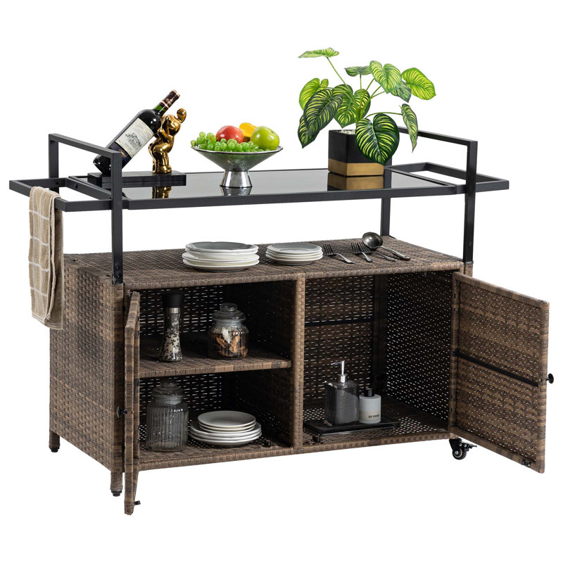 Outdoor Wicker Bar Cart, Patio Wine Serving Cart w/Wheels , Rolling Rattan Beverage Bar Counter Table w/Glass Top for Porch Backyard Garden Poolside Party
