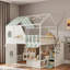Lit superposé en bois avec escalier de rangement, plateformes de rangement ouvertes, tablette supplémentaire, toit, fenêtres mignonnes et porte centrale-831743417