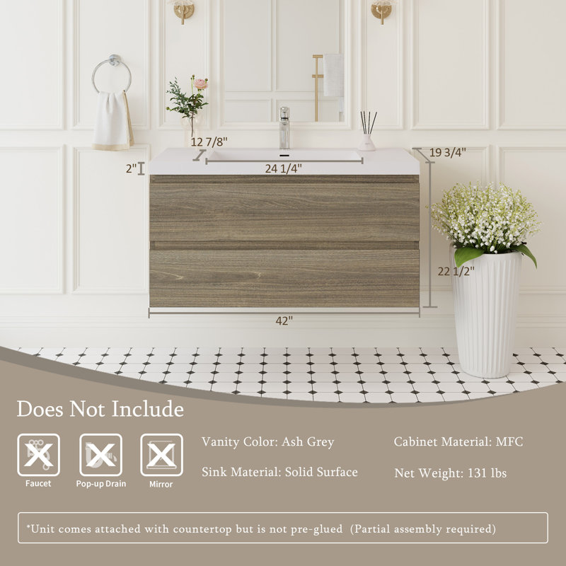 42" Floating Bathroom Vanity With Sink, 42", Gray Ash