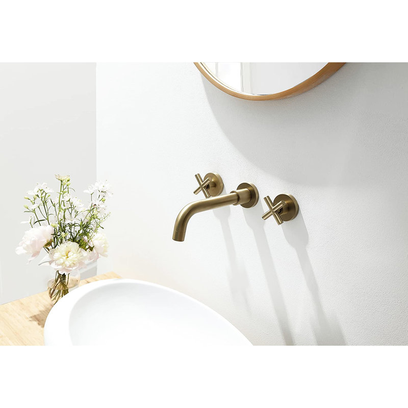 Solid Brass Bathroom Faucet Wall Mount - Brushed Gold, Stylish Design, 2 Handles Gold Brass, Corrosion Protected,
