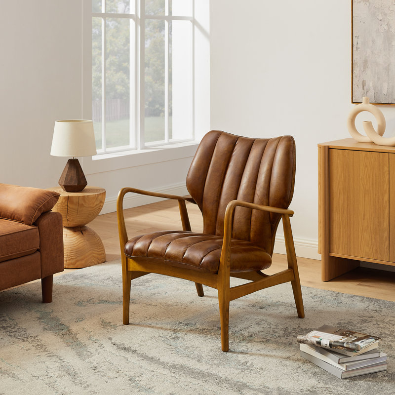 Mid-Century Modern Genuine Leather Solid Ash Chair, Brown
