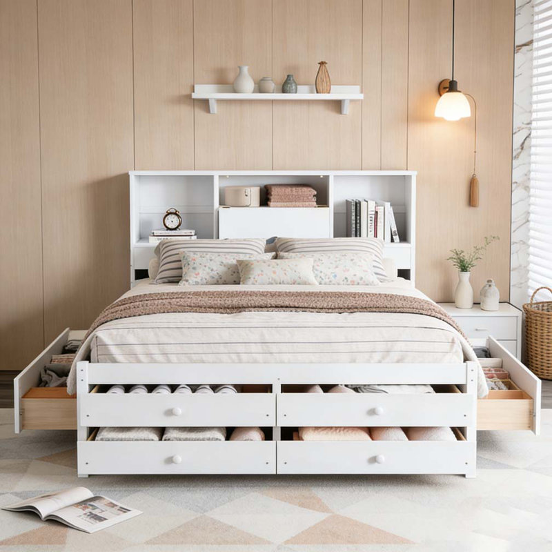 Lit plateforme avec tête de lit avec rangement et 8 tiroirs, Blanc, Très grand lit