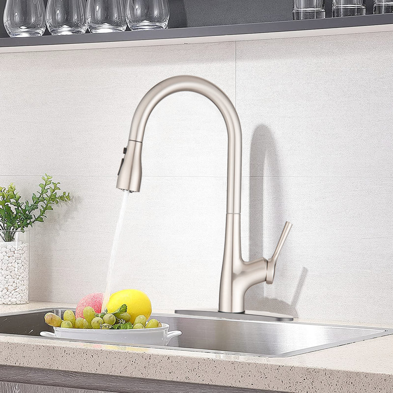 Single Handle Pull Down Kitchen Sink Faucet In Brushed Nickel, Scratch & Rust , High Arc Swivel Spout With Three - Function , Easy Clean Nozzles, Class Brass Body, For Big Kitchens Like Restaurants