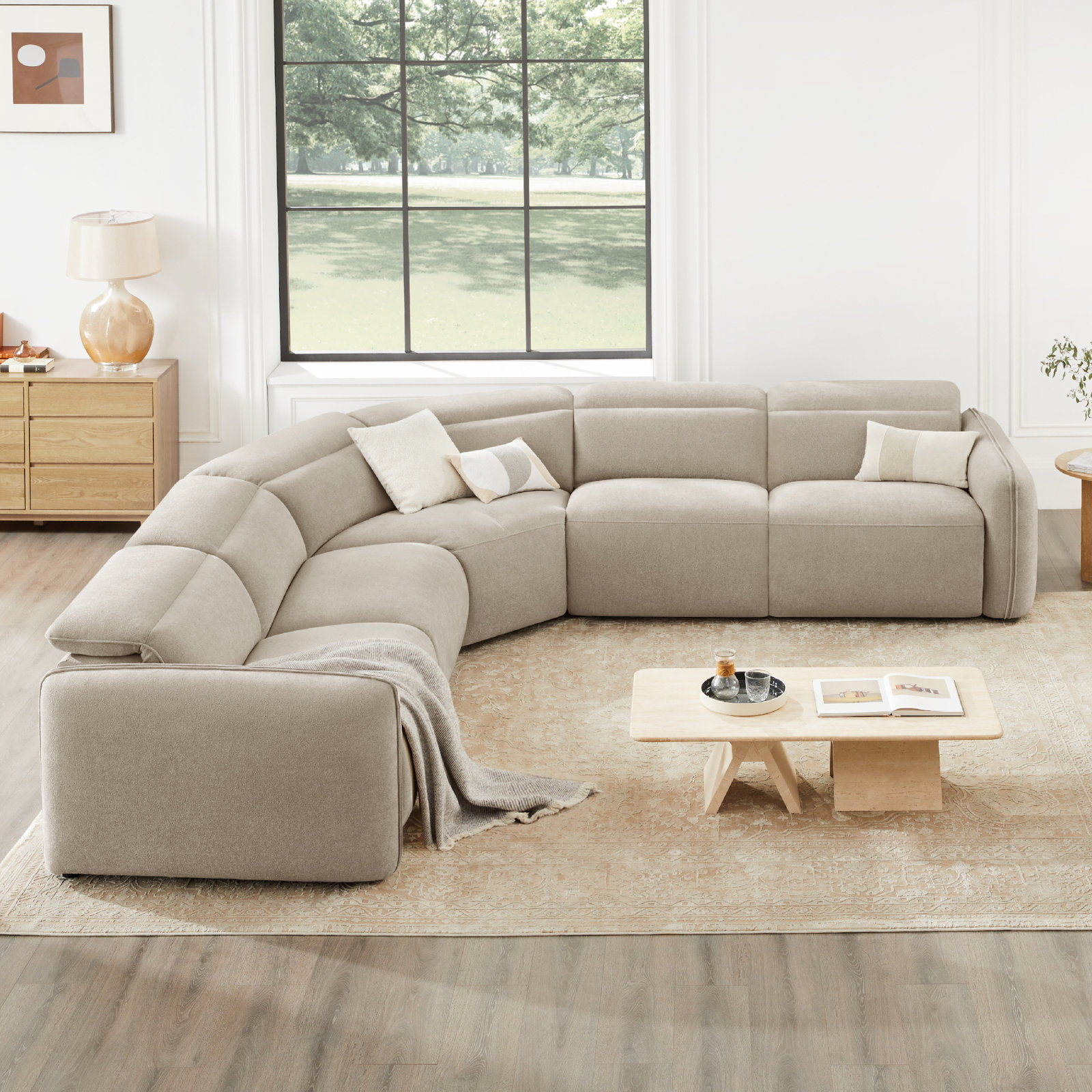 Bayne Upholstered Recliner Sectional, Elite Sand Chenille