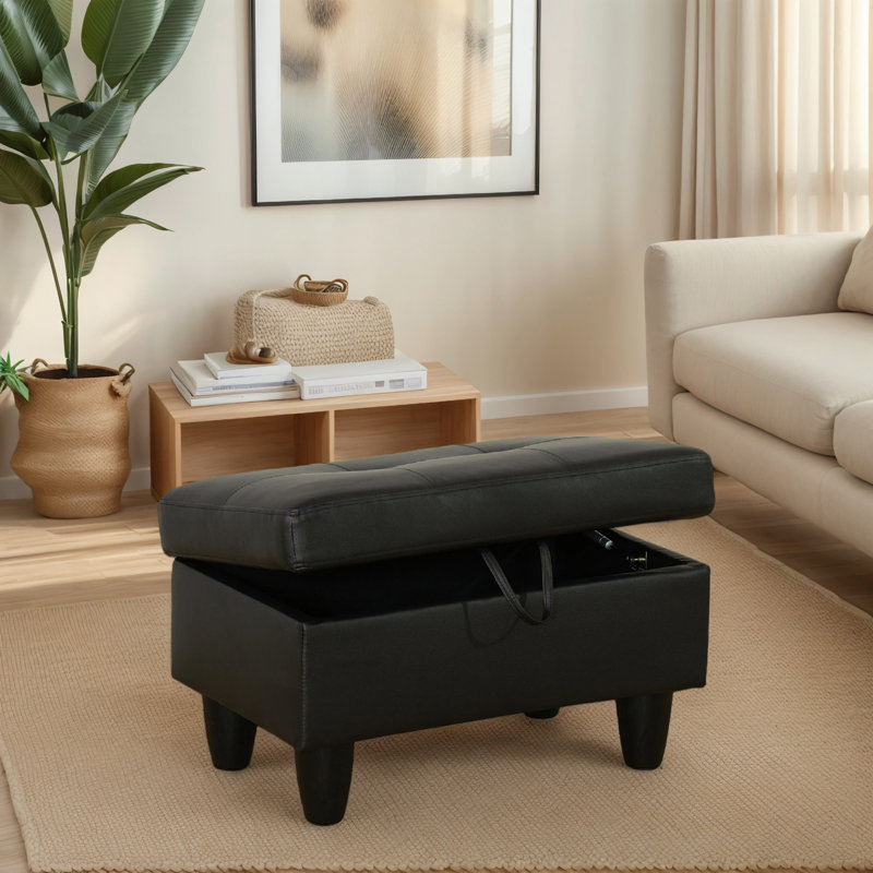 Enitan Faux Leather Ottoman, Black, Black