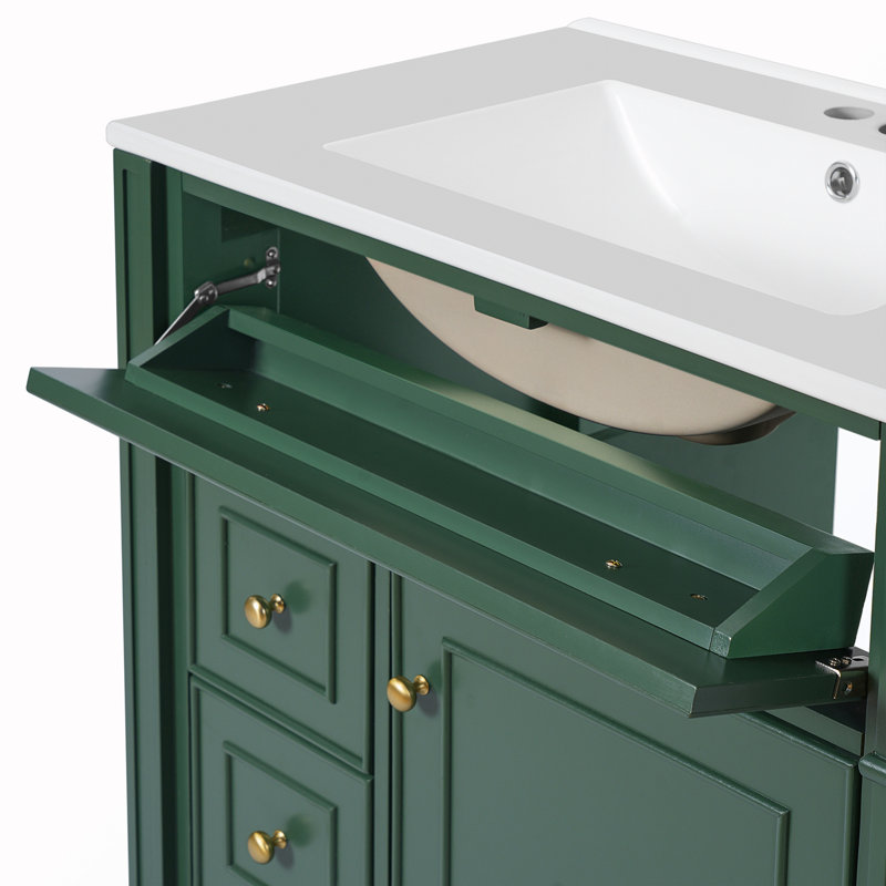 Meuble-lavabo autoportant avec tablette réglable et tiroirs, Vert