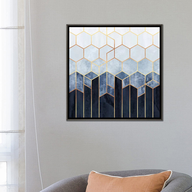 « doux blue hexagones » par elisabeth fredriksson-print, H 26 po x l 26 po x P 1,5 po, Toile avec cadre noir patiné