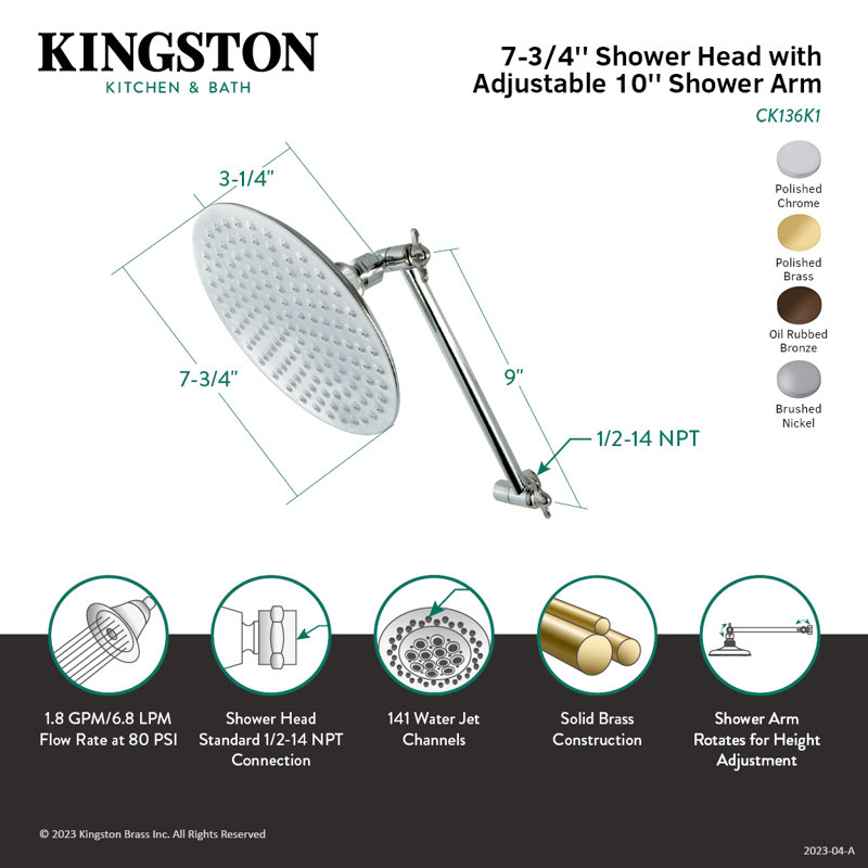 Kingston Brass Victorian 7-3/4-Inch Round Raindrop Brass Shower Head with 10-Inch High-Low Adjustable Shower Arm