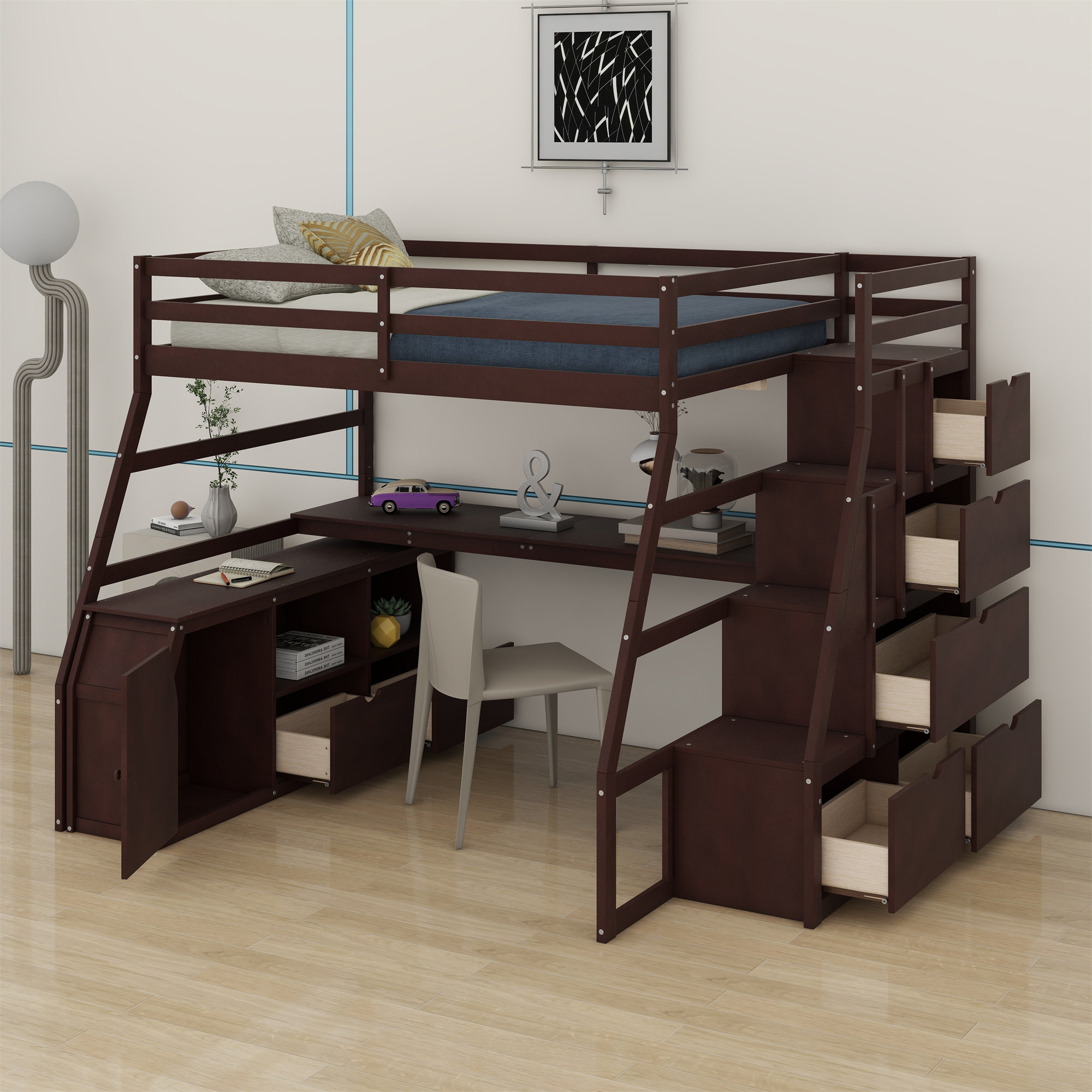 Harriet Bee Loft Bed With 7 Drawers 2 Shelves And Desk | Wayfair