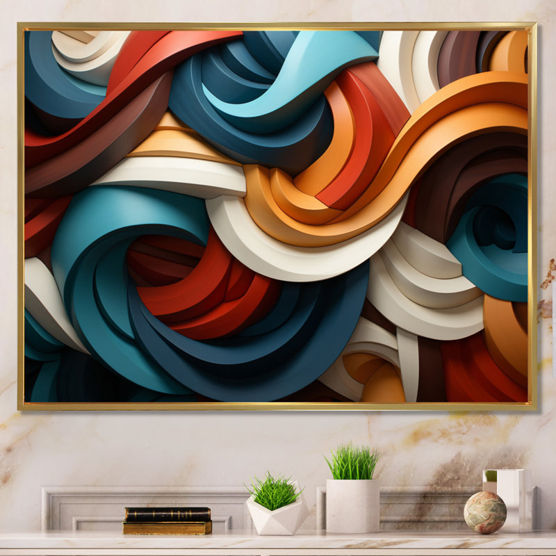 Geometric Snake Serpentine Grace III - Abstract Spirals Wall Art Living Room, 16" H x 32" W, Cadre flottant doré