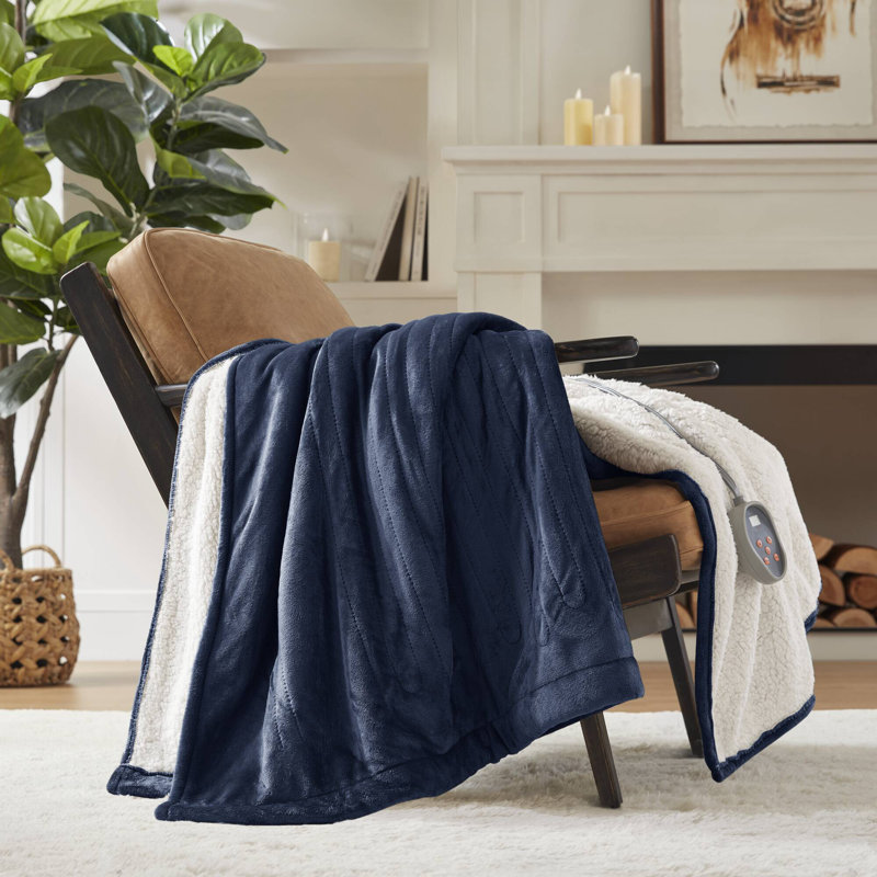 Indigo Twin Reversible Sherpa Knitted Heated Blanket