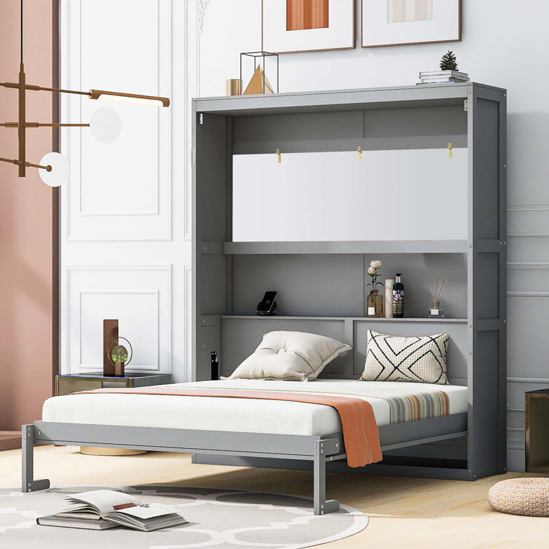 Grand lit escamotable mural avec tablettes, gris