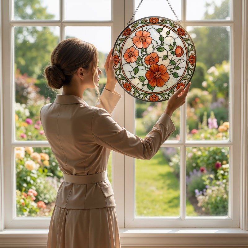 Panneau de vitrail à motif floral, H 12 po x l 12 po