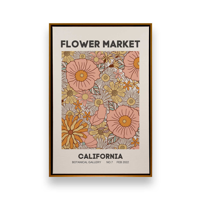 Marché de fleurs rétro en Californie, H 18,75 po x l 12,75 po x P 1,75 po, Cadre flottant or poli