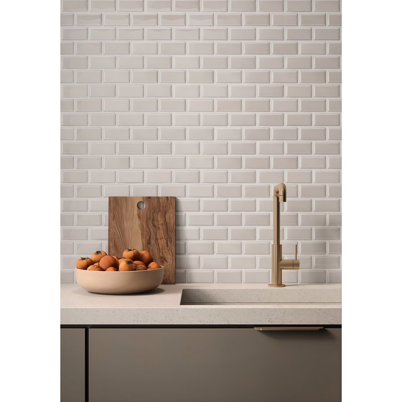 CC Mosaic 2" x 4" Beveled Brick Porcelain Tile – Glossy Waterproof Mesh-Backed Mosaic for Backsplash, Bathroom & Shower Wall