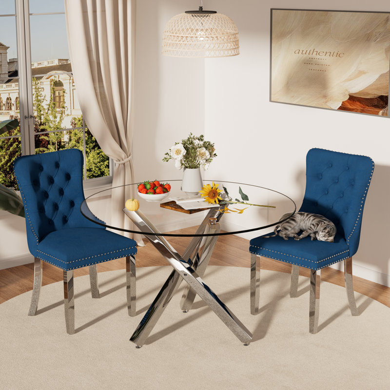 Ensemble de salle à manger 3 pièces, Bleu / Argent, Argent