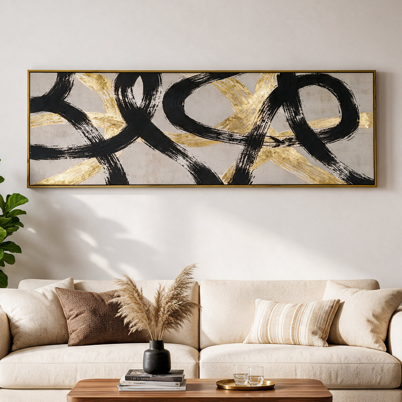 Art mural abstrait noir et or, grande peinture sur toile moderne encadrée pour le salon