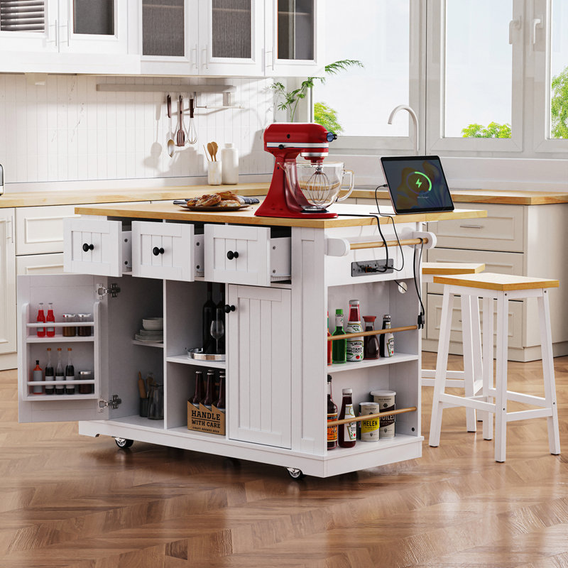 Kitchen Island with Drop Leaf,Power Outlet,Door Internal Storage Rack,Rolling Kitchen Cart on 5 Wheels with 5 Open Side Racks