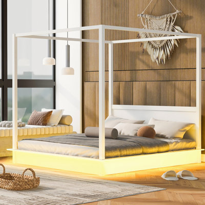 Lit plateforme à baldaquin en bois YDT | Lattes de soutien, aucun sommier requis, blanc