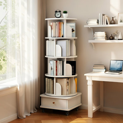 Bibliothèque à 360 écrans avec roulettes, tiroir et déflecteur, pour plus de commodité de rangement au bureau - Chaude rotation blanche à 5 niveaux, tiroir à roues de frein, idéal pour les petits espaces