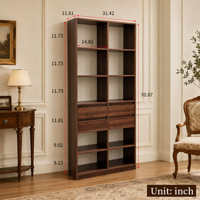 Bibliothèque autoportante en noyer avec 4 tiroirs de rangement, étagère de rangement ouverte pour salon, chambre à coucher et bureau personnel