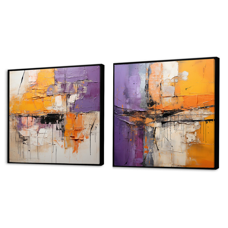 "Collage géométrique gris beige", 2 pièces, Cadre flottant noir, H 36 po x l 73 po