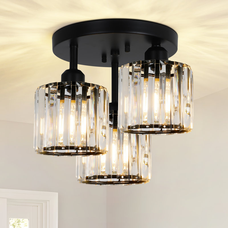 Modern Crystal Ceiling Light Fixtures, 3 - Light Semi Flush Mount Ceiling Light With Clear Crystal Shade, Matte Black
