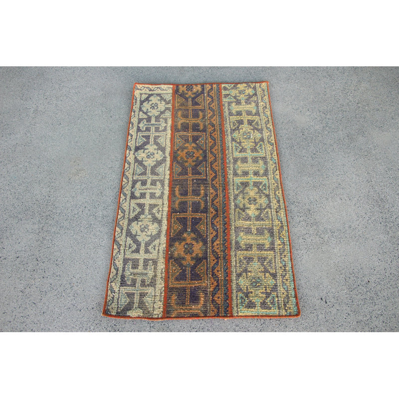 Small Vintage Turkish Rug in Blue Patchwork Design Perfect as Door Mat or Decorative BoHo Accent Rug