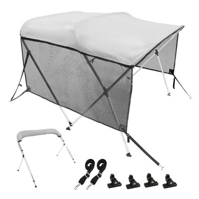Bâche de bateau Bimini à 3 arceaux avec parois latérales en filet détachables, toile en polyester 600D, cadre en aluminium, housse de rangement incluse, gris pâle (environ 1,83 m L x 155-168 cm l x 117 cm H)