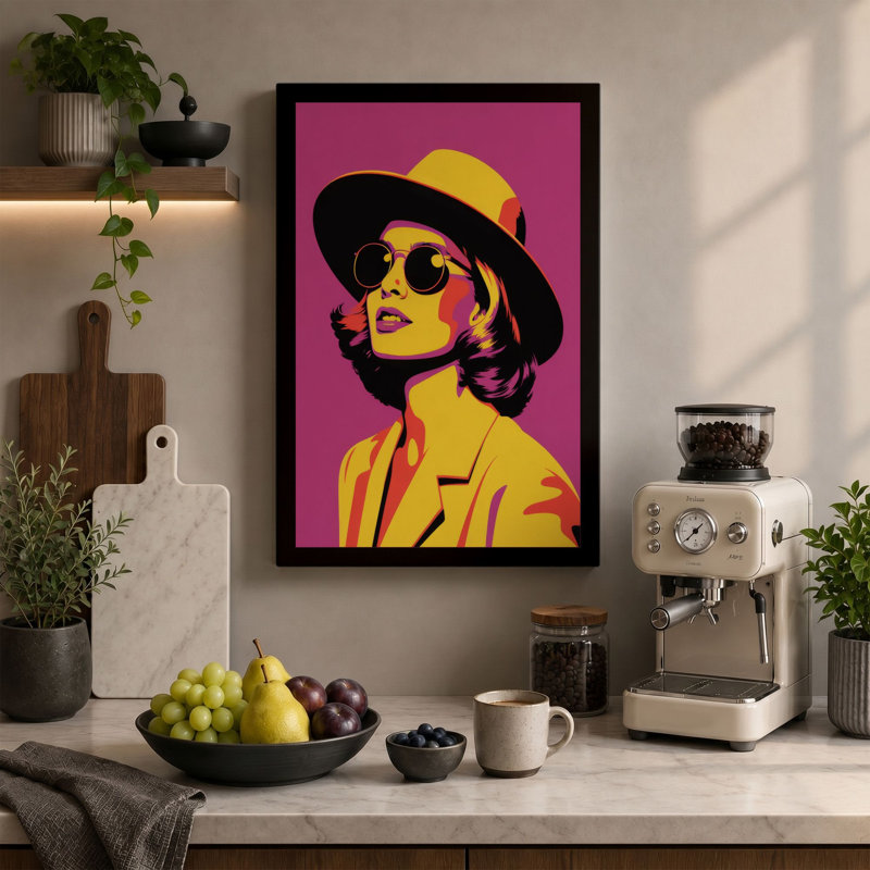 Woman in Yellow Pop Art 1 Piece Wrapped Canvas Wall Art, 36x24 - 91.4 x 61.0 cm, Taupe Border