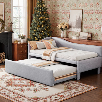 Twin Size Upholstered L-Shaped Daybed with Pop-Up Trundle, 80"L x 42"W x 33"H, Plywood Frame