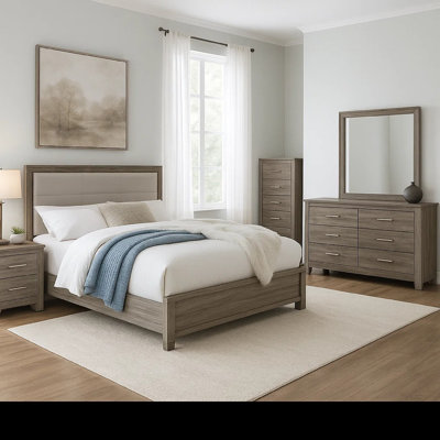 Ensemble de chambre avec grand lit 5 pièces Reay, tapissier, brun gris