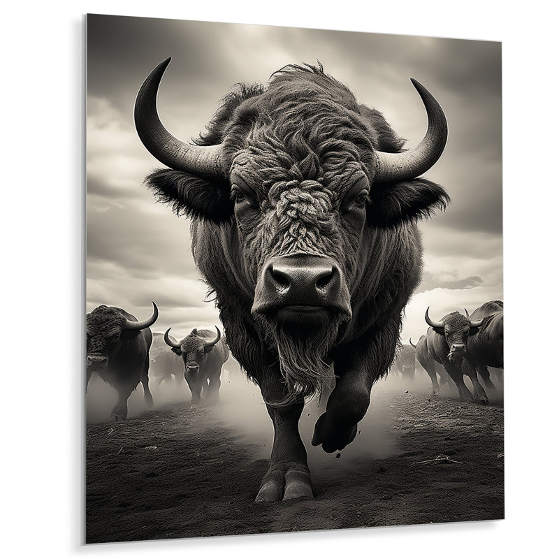 «Gray Buffalo Grazing Giants», reproduction d'art sur métal, H 32 po x l 24 po x P 1 po